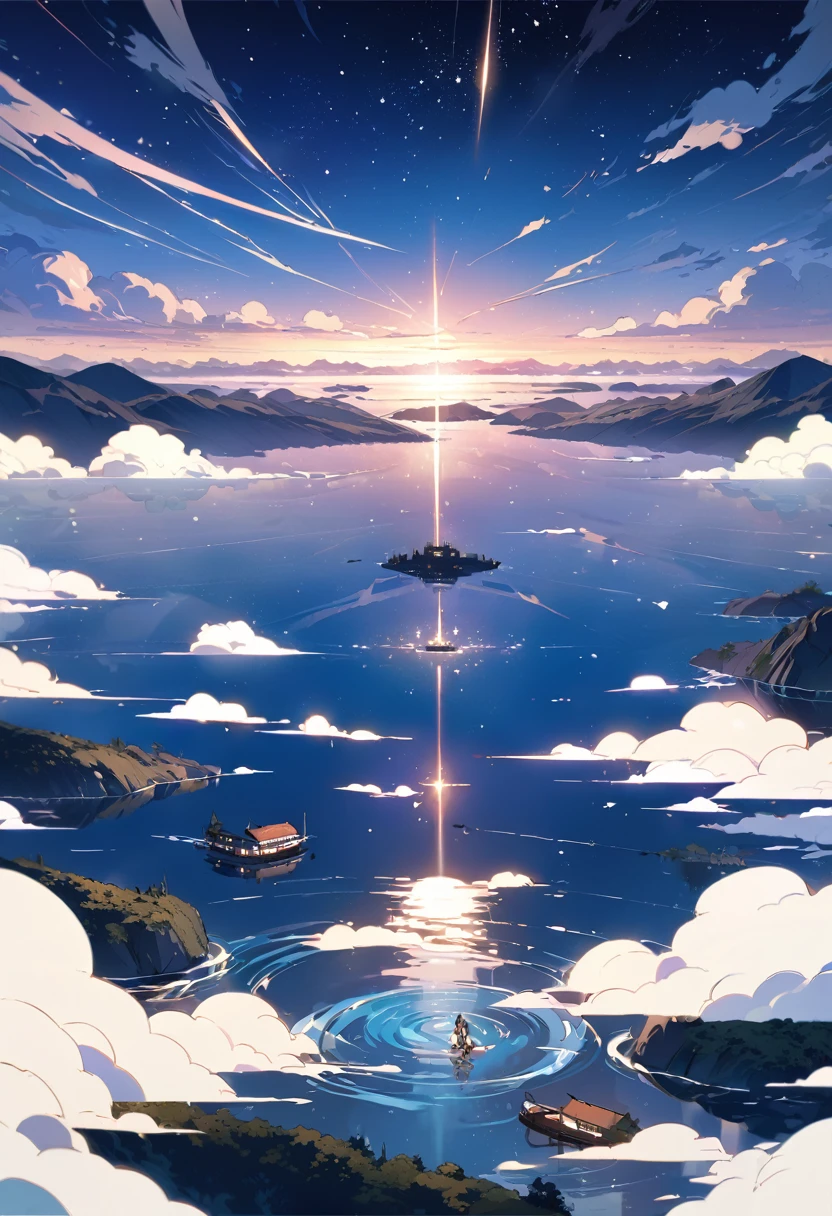 High quality masterpiece, landscape, cloud, Animated train passing through a body of water on distant tracks, Bright starry sky. Traveler, Romantic Light, Pixiv, Concept Art, Lofi Art Style, reflection. Makoto Shinkai, Roffie Art, Beautiful anime scene, アニメのlandscape, 詳細なlandscape — 幅 672, Makoto Shinkai's Style, Makoto Shinkai's Style, Enhanced Details.