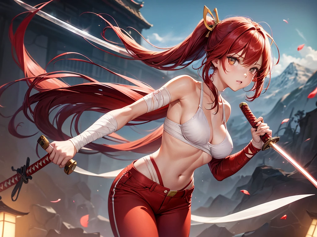 (((depic young girll))), (((top-quality, masterpiece))), 4k, HD, one girl, long hair, red hair, straight hair, poney tail, nice hips, (Masterpiece, Excellent, complex details), delicate girl, delicate face, sassy, white ribbons, one eye hide by hair, brown eyes, clavicle, (((breasts sarashi))), (((bandage on breast))), bare arms, diaphragme, (((red pants))), standing, fighting with grace, ((holding katana sword in hand)), outside, atmosphere of feudal Japan