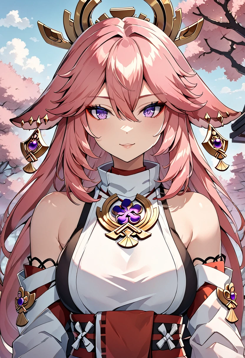 yae miko, Pink Hair, Purple eyes, Shimoo Art Style