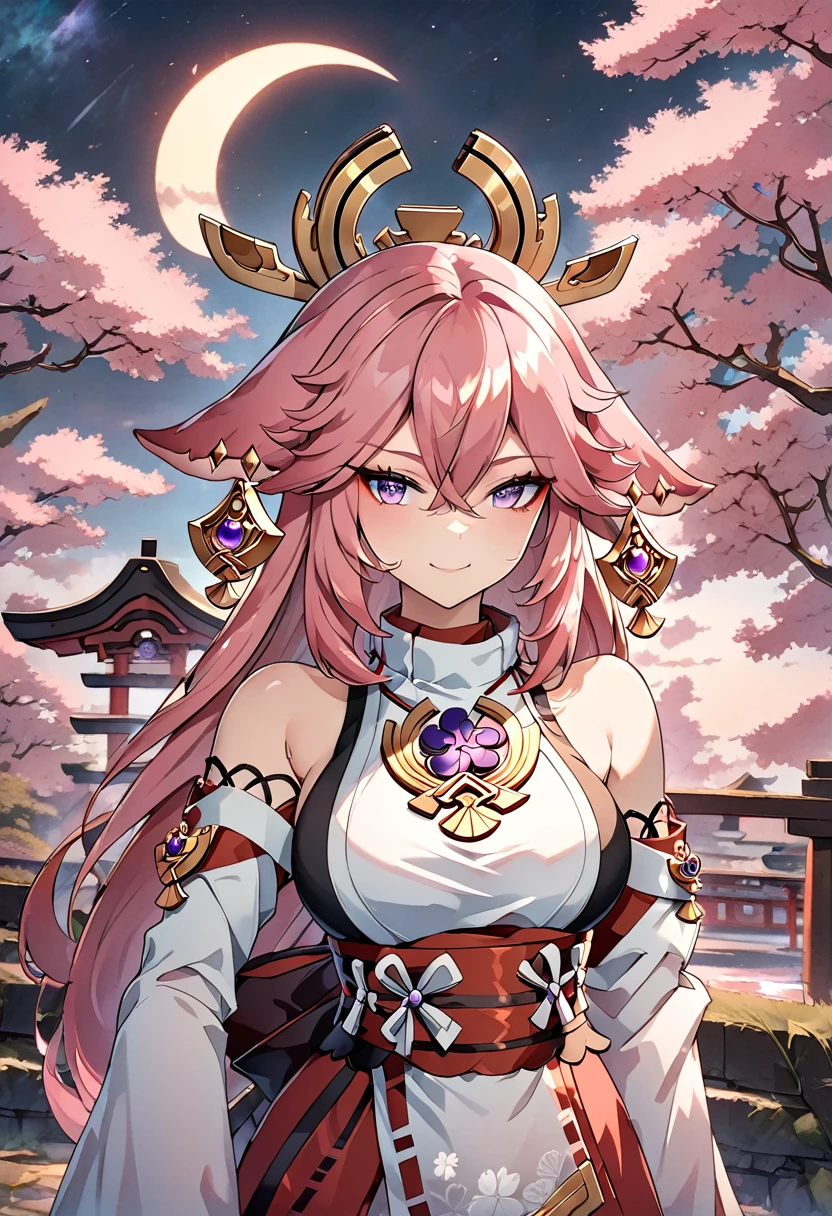 yae miko, Pink Hair, Purple eyes, Shimoo Art Style