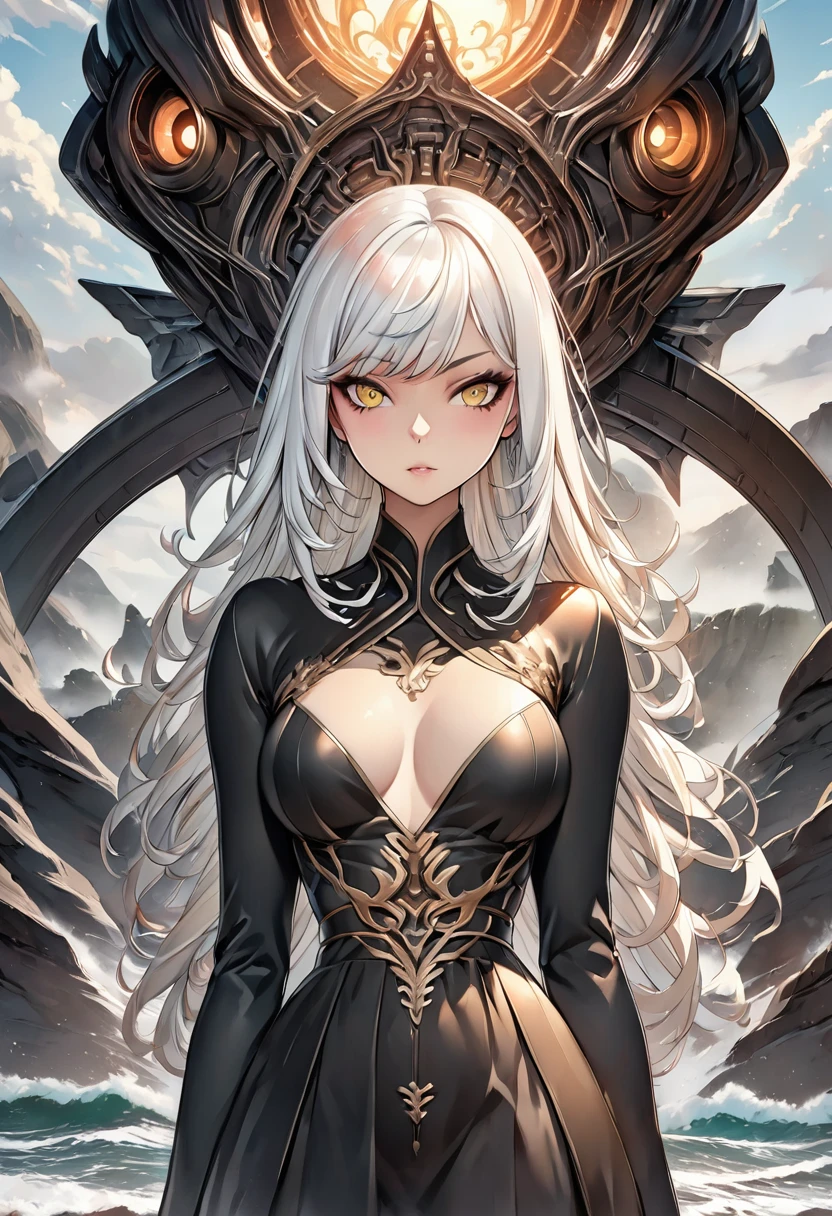 poRtRait, Beautiful woman, white haiR, oRnate dRess, (long haiR in waves like smoke):0.85 , confident expRession, detailed, 16K, sf, intRicate aRtwoRk masteRpiece, Unlucky, matte painting movie posteR, golden Ratio, tRending on cgsociety, intRicate, amazing, tRending on aRtstation, By Artgerm, h. R. Giger and Beksinski, highly detailed, vibRant, pRoduction cinematic chaRacteR RendeR, ultRa high quality model:1