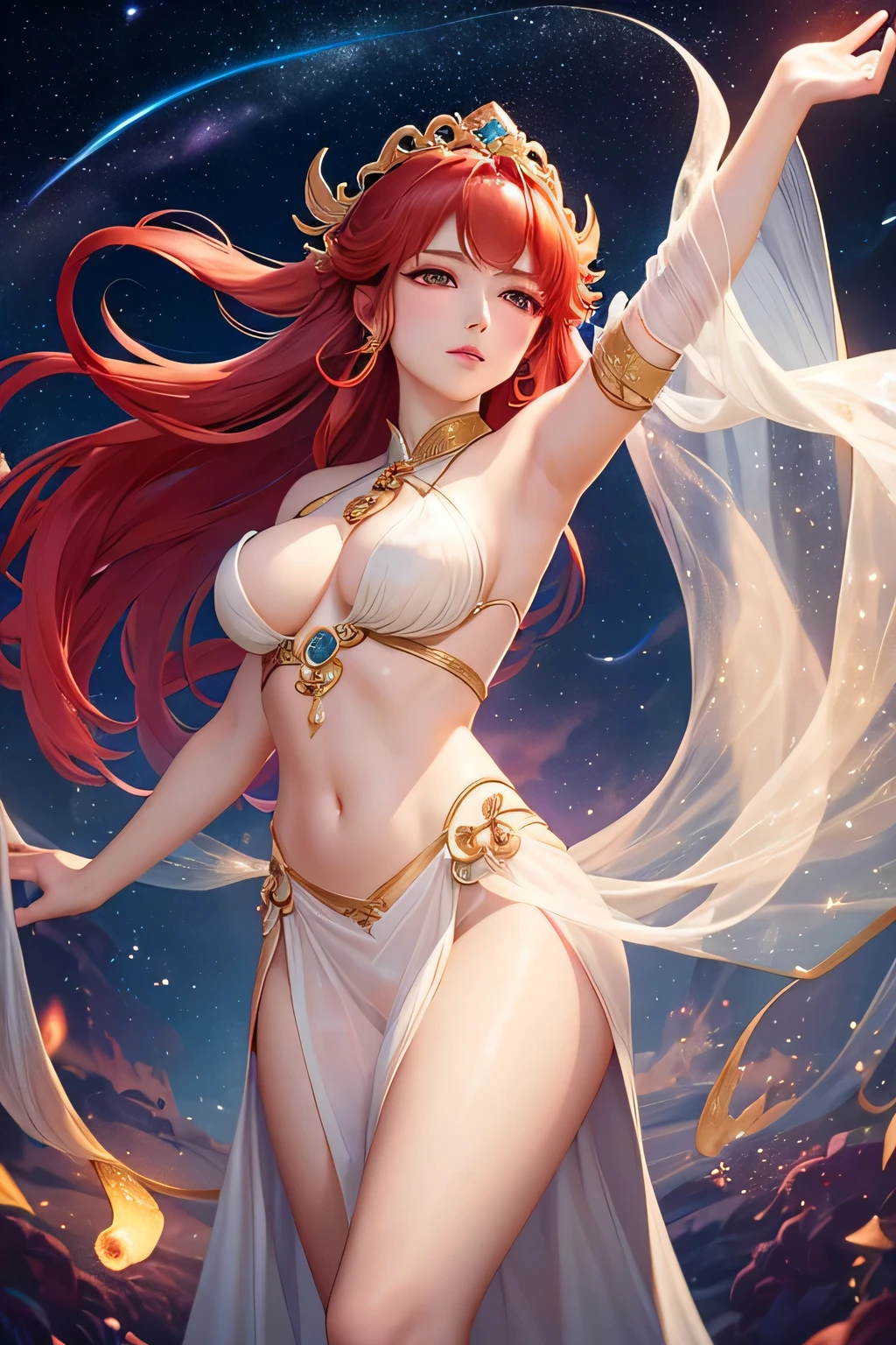 Create an image of Yang Guifei as a celestial fairy, emphasizing her mystical and divine aura. She should be depicted dancing gracefully above a sea of clouds, with the Milky Way as a breathtaking backdrop. Yang Guifei wears a translucent, flowing gown that accentuates her ethereal beauty, with delicate, shimmering details. Her movements are light and fluid, as if she is effortlessly gliding through the air. soft, glowing light effects surround her, highlighting her divine presence and adding a magical glow to the scene. The overall atmosphere is one of serenity and wonder, capturing the enchanting and heavenly nature of Yang Guifei as a celestial fairy.(((Red hair)))、(((naked))、(((Female organ)))、(((pubic hair)))、(((Photo taken from below)))
