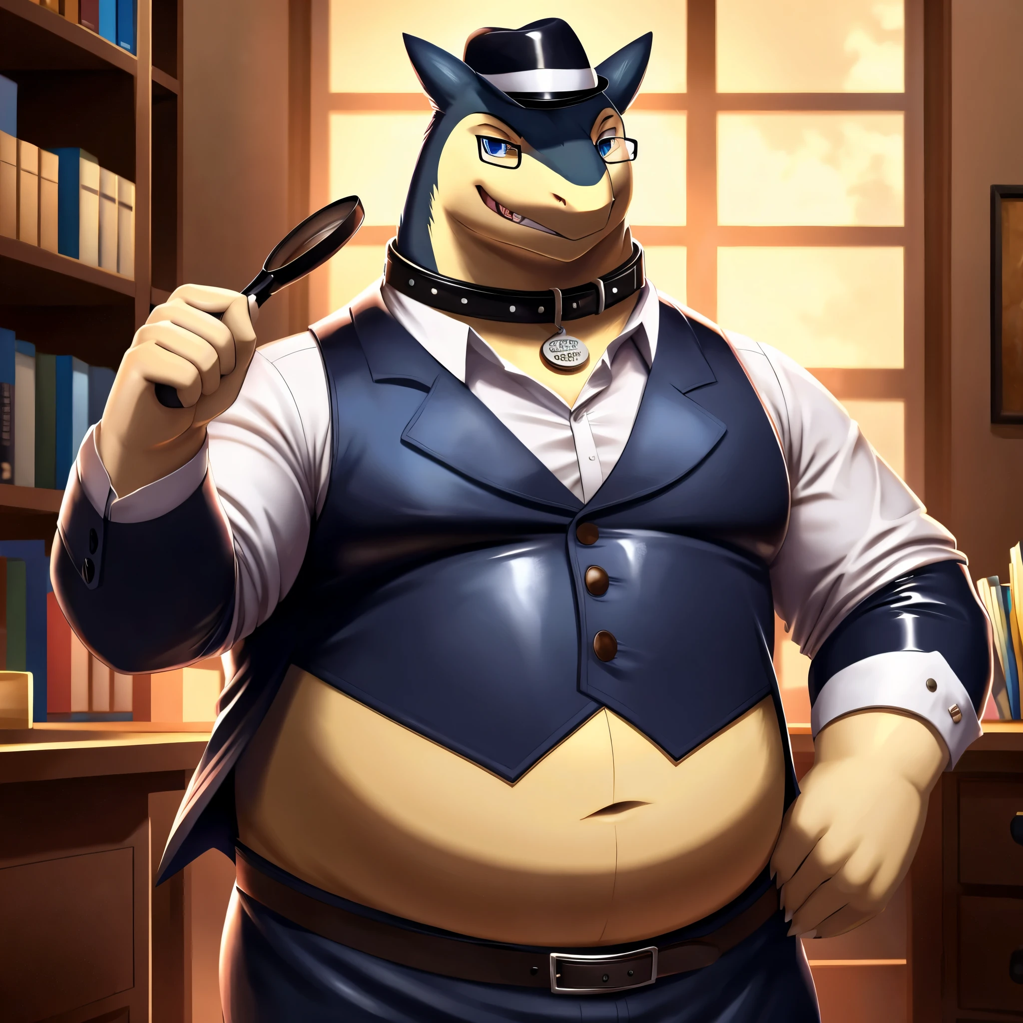Solo, Male, fat, extremely obese, gentleman, dapper Professor Typhlosion, mob boss, blue eyes, (posing:1.3), (soft shading), 4k, hi res, ((detailed face, detailed)), looking at viewer, mouth wide open, dapper clothing, collared shirt with buttons, bowler hat, male focus, Explorer Outfit, glasses, monocle, vest with buttons, sleeves rolled up, round eyewear, brown headwear, brown vest, office, Typhlosion is wearing a glossy leather dog collar around the neck, Typhlosion is wearing the leather collar and shirt and vest at the same time, Typhlosion is wearing glossy white rubber gloves on the hands, wearing white rubber gloves on the feet, gloves are rubber in texture, clenching teeth, clenching fists, leather collar is glossy and shiny with a lot of detail, Typhlosion is wearing gloves and leather collar at the same time, leather collar has a round dog-tag, leather collar is thick and detailed, leather collar is glossy and shiny, fancy clothing, dapper vest, dapper shirt, leather collar is thick, glossy leather collar.