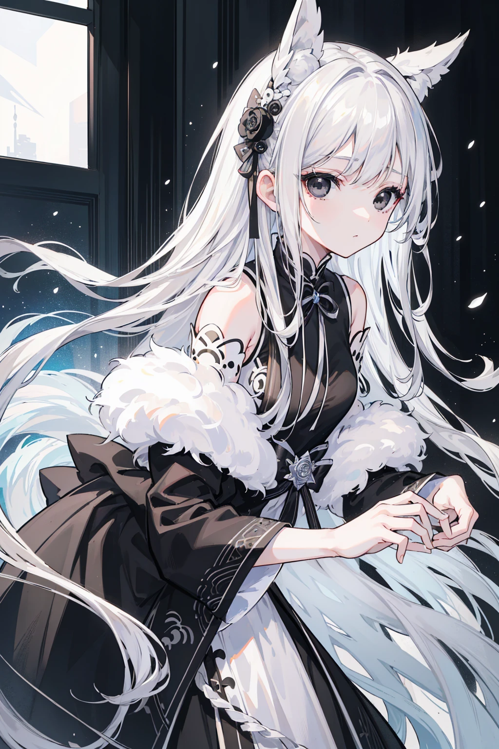 (Top image quality)、(Very detailed)、(Facing forward)、Top quality、masterpiece、(((1 girl )))、Silver Hair、White hair、((Long hair))、Weaving、(black eyes:1.6)、(White and black cheongsam)、Lots of decorations、Lots of ribbons、White Ribbon、Haggard、Fluffy loose hair