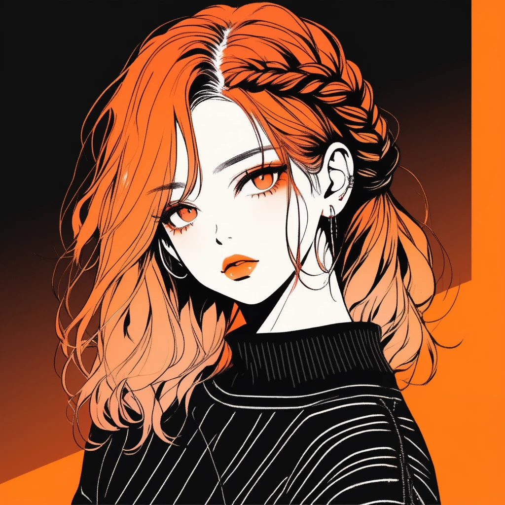 (Highest quality, sketch:1.2),Realistic,Illustrator,anime,1 girl, Detailed lips,sweater,custom,Orange gradient background, Neon Hair, Braid, Texture Cropping, masterpiece, Style: Retro Classic, Dark Black 