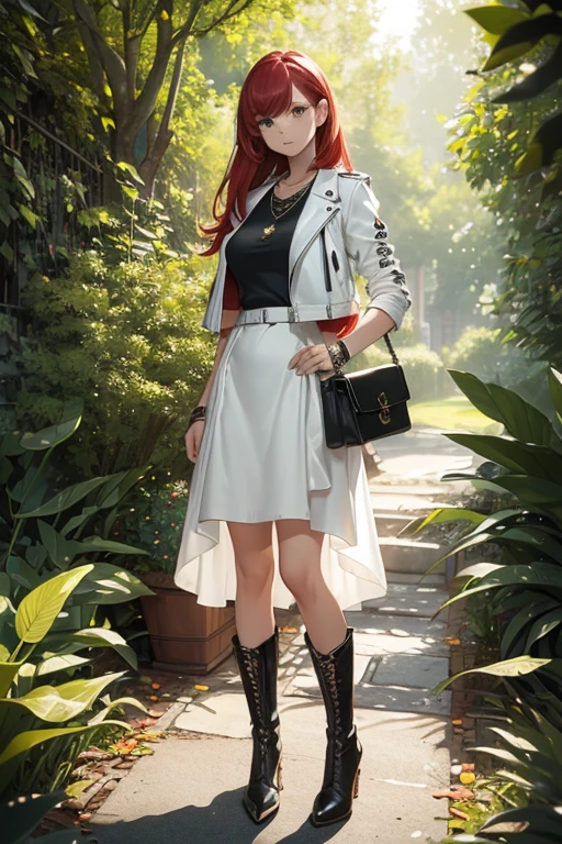 ((masterpiece, best quality, ultra-detailed)), 1girl, beautiful woman, white leather jacket, necklace, bracelet, black midi skirt, boots, full body, red hair, tree, leaves, summer, garden, hand on hip