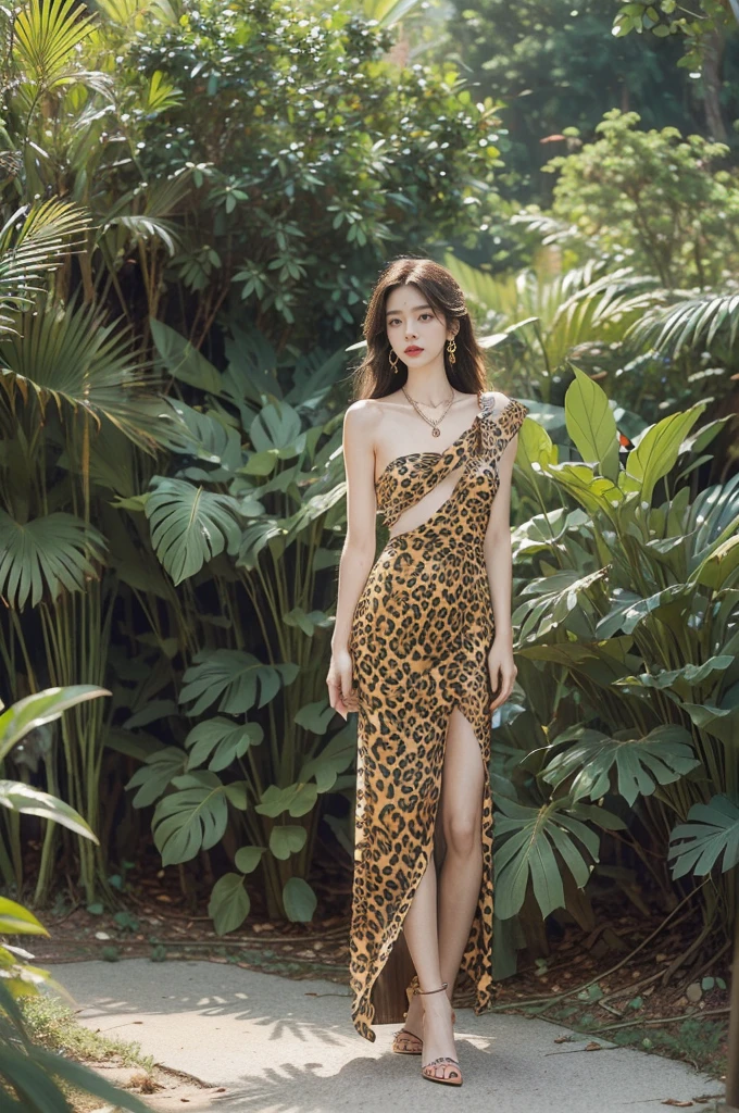 (((best quality))),(((ultra detailed))),(((masterpiece))),illustration,((1 beautiful girl,solo)),(shoulder length messy hair:1.2),((Beast bone earrings and necklace)),((slim,thin)),((small breasts,flat chest)),(slender legs:1.2),fair complexion,(leopard print dress:1.3),(standing:1.3),seductive,wild spirit,lush forest,primitive,tall trees,green canopy, sunlight filter,scent of earth,bird chirping,small creatures,secluded spot,captivating,enigmatic,raw energy,untamed spirit,morden day Eve,Garden of Eden,playful,adventurous,striking appearance,exotic setting,summertime,heat,humidity,vibrant colours,endless possibilities,exquisite detail,expansive wilderness,feminine allure,((from front,full body))
