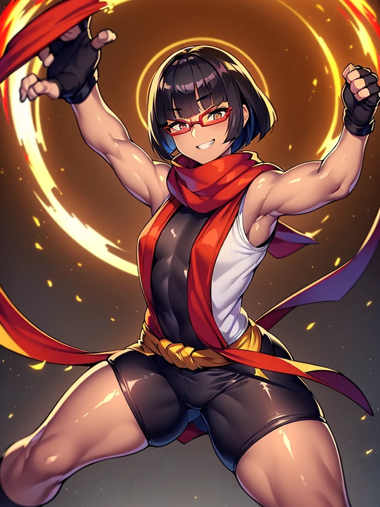 (flat chest), (masterpiece:1.2), highest quality, High resolution, unity 8k wallpaper, (fine and beautiful eyes:1.6), highly detailed face, perfect lighting, Detailed CG, (perfect hands, perfect anatomy), (1 japanese female:1.4), 20 years old,( black hair:1.3), extremely beautiful detailfeminine face and eyes, (grin smile), detailed eyes, best quality,( dark skin:1.8), extremely detailed, very precise detailed,(glasses:1.3), (blunt bangs:1.3), open mouth, (very short pixie cut:1.2), (geta:1.2),(fingerless gloves:1.5), half closed eyes,long sidelocks,(long red Scarf:1.3),(sleeveless yukata), (fight stance:1.5),(high kick:1.6),(bike_shorts:1.4),