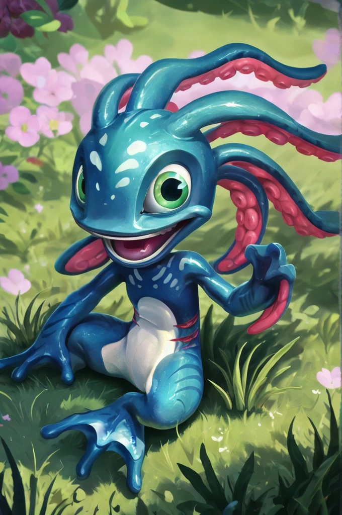 (((masterpiece, best quality))), digital painting, 8k, stunningly beautiful, highly detailed, depth of field, complex background, BREAK fizz_lol, (amphibian:0.5), solo, full body, tentacle_hair, open mouth, gills, (webbed feet:1.2), flat feet, white soles, webbed fingers BREAK smooth skin, sitting, grass, meadow  