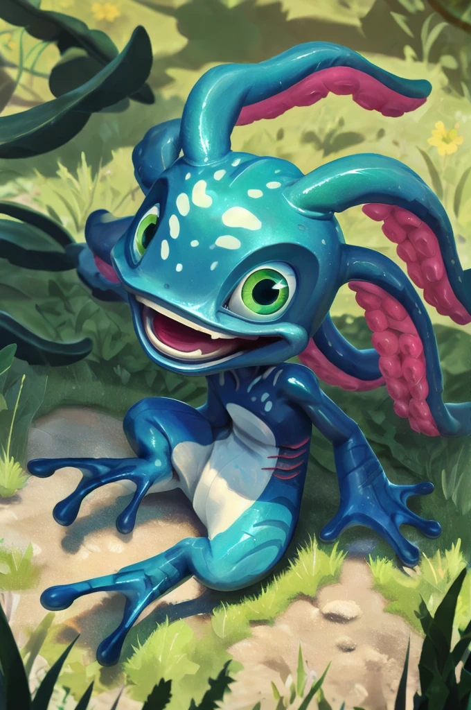 (((masterpiece, best quality))), digital painting, 8k, stunningly beautiful, highly detailed, depth of field, complex background, BREAK fizz_lol, (amphibian:0.5), solo, full body, tentacle_hair, smiling, grinning, gills, (webbed feet:1.2), flat feet, white soles, webbed fingers BREAK smooth skin, squatting,  grass, meadow  , back view, rear view, view from behind,