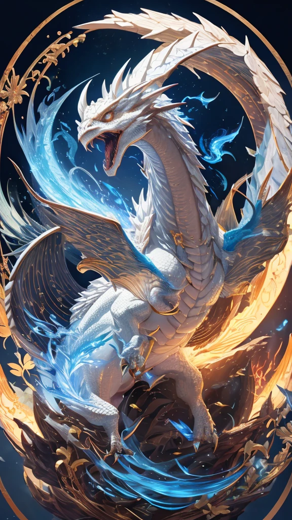 White Dragon,mysterious、Huge, Heavy Tortoise Shell,Chinese Leaders,Large key claw,Soaring Waves、Blue aura, Breathing fire through the mouth、Chinese style,OC Rendering,Ultra-fine,night、high quality,8K high resolution,Super detailed
