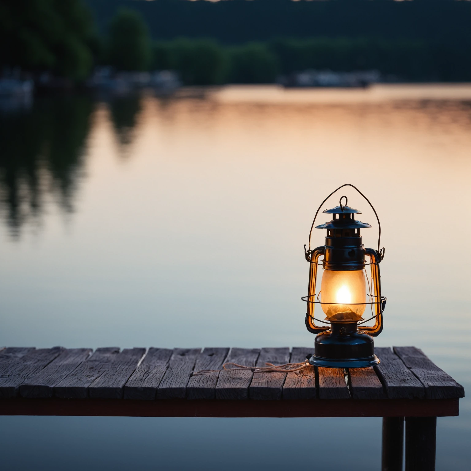 There is a lantern on a table by the lake, Sitting on a wooden dock, Boat with lights, Sitting on a wooden dock, Quiet late night atmosphere, Small marina, Bokeh along the river, Summer environment, Summer lake view, Relaxed atmosphere, Warm Light, Lantern Light, Side lighting, Shot on a Sony Alpha 1 camera, Summer night landscape