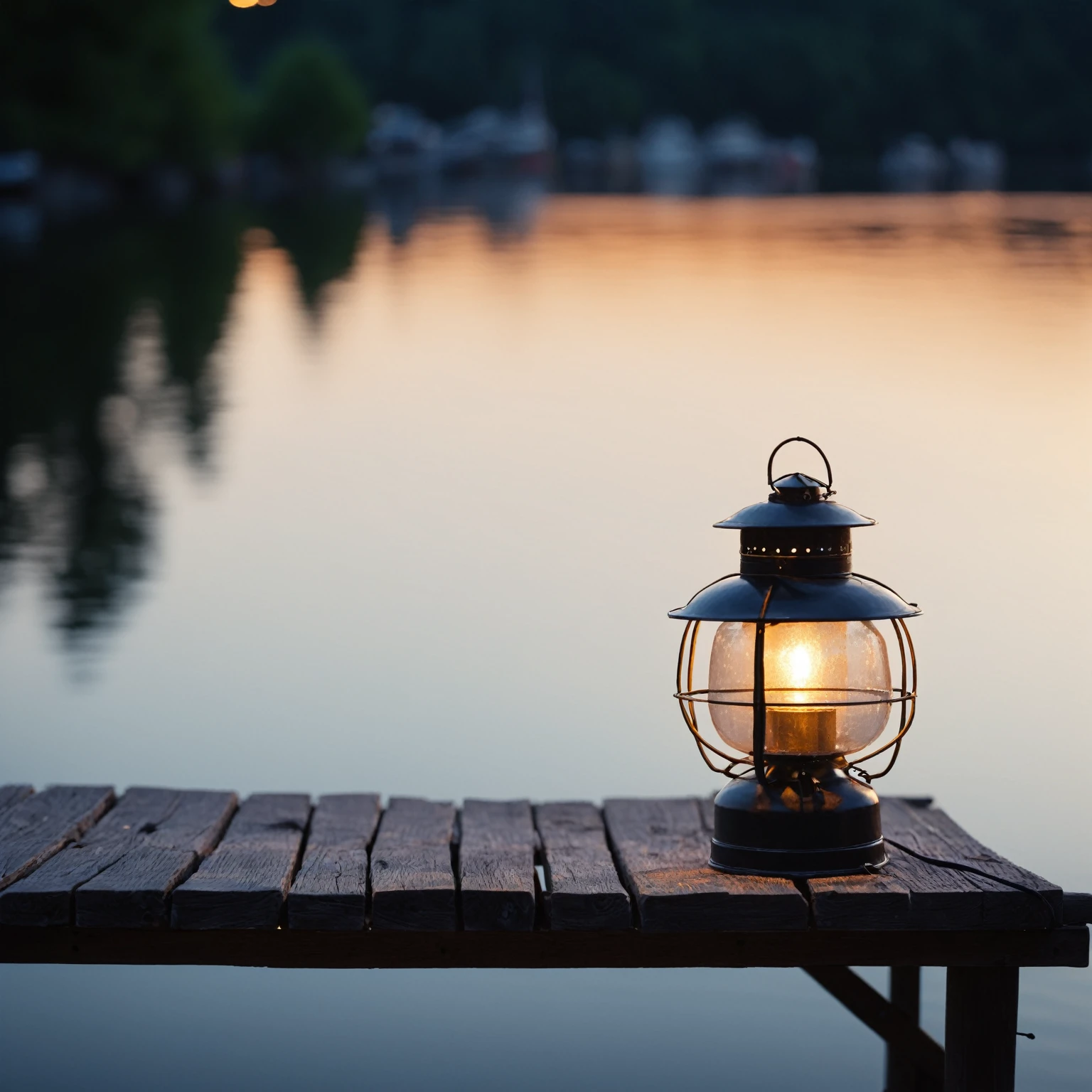 There is a lantern on a table by the lake, Sitting on a wooden dock, Boat with lights, Sitting on a wooden dock, Quiet late night atmosphere, Small marina, Bokeh along the river, Summer environment, Summer lake view, Relaxed atmosphere, Warm Light, Lantern Light, Side lighting, Shot on a Sony Alpha 1 camera, Summer night landscape