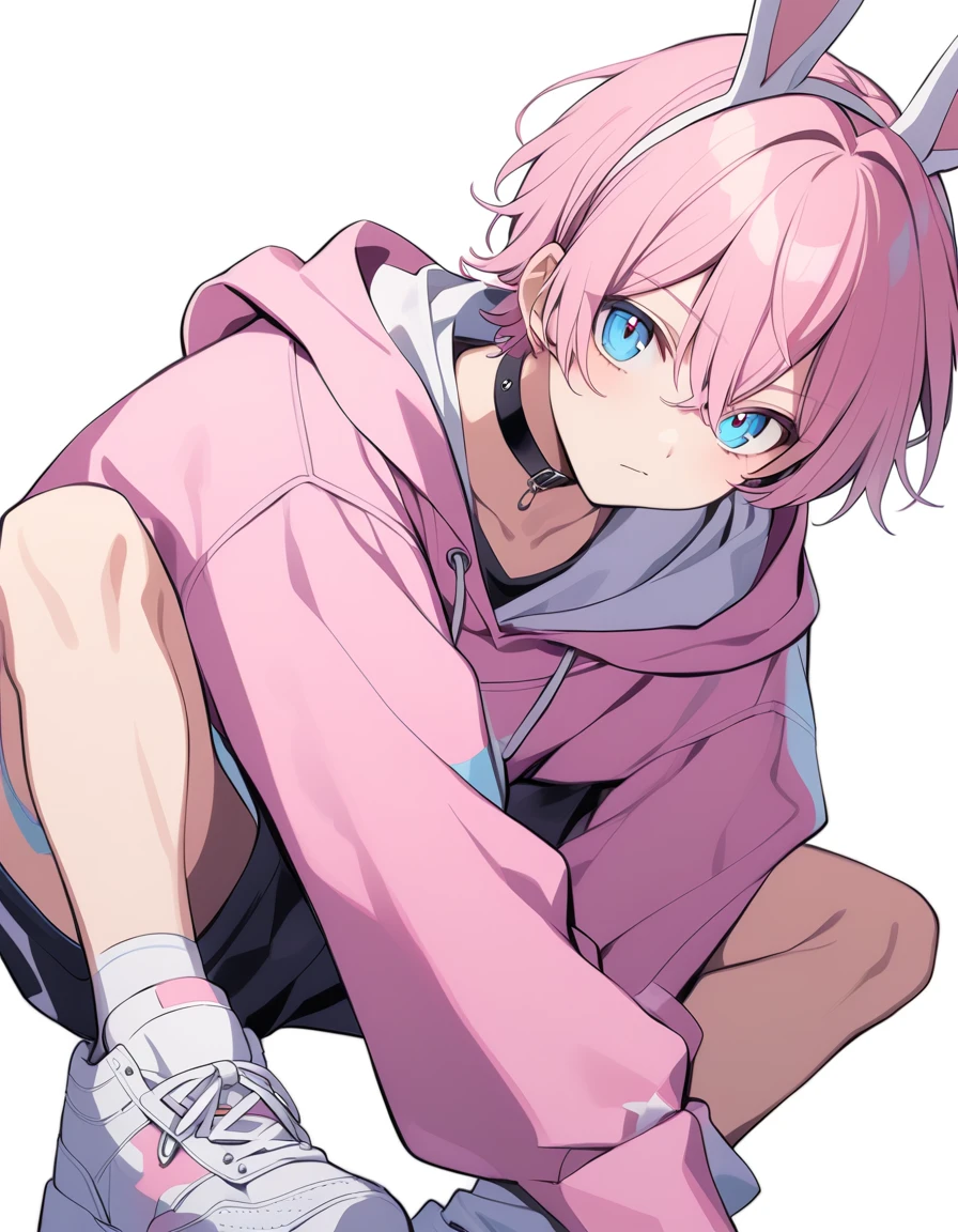 pink hair, boy, teen, rabbit ears, pink hoodie, blue eyes, choker, white shoes
