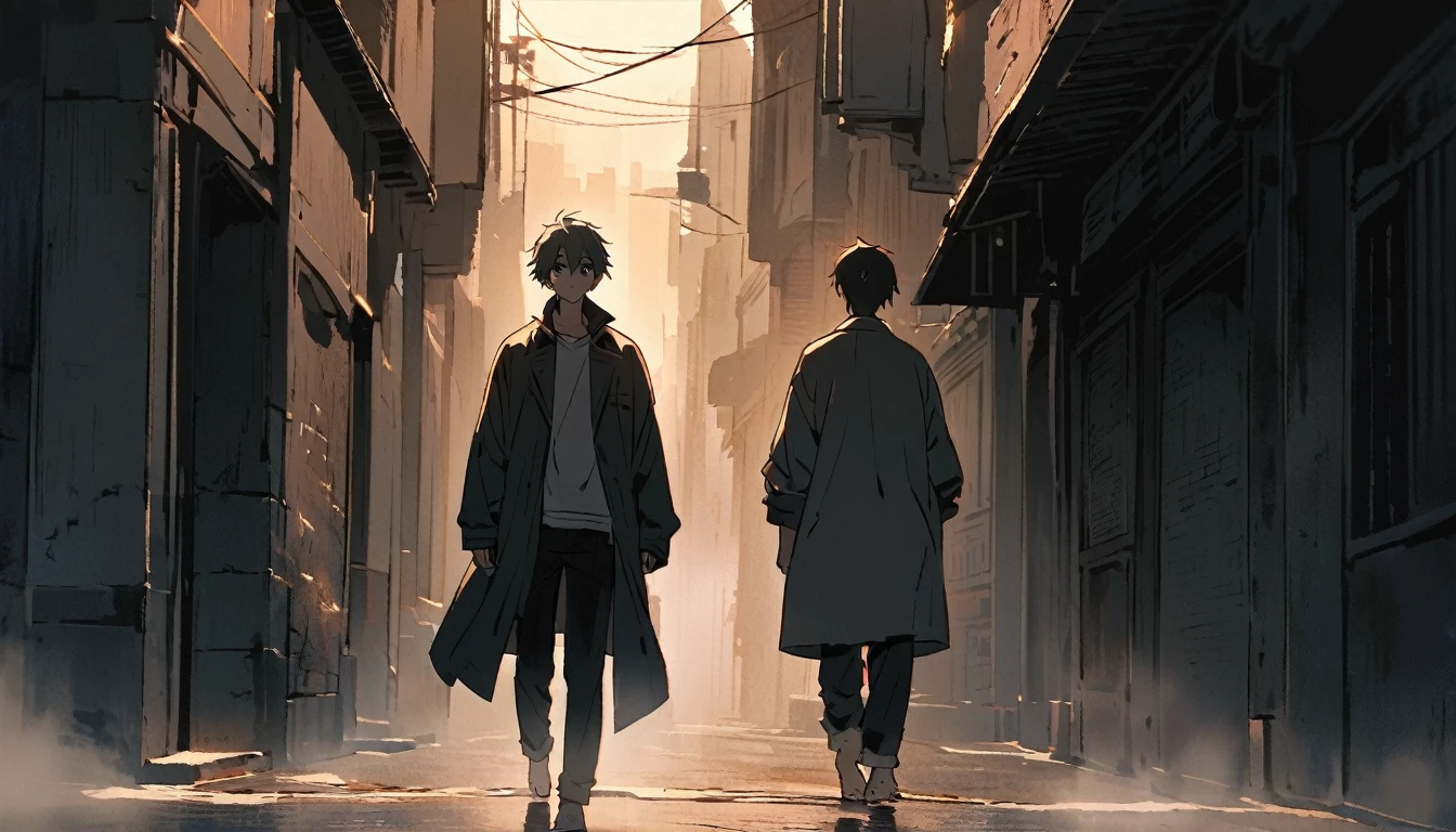 A scene of an 18-year-old boy wearing a jacket walking alone on a dimly lit street corner. There is mist all around him, a thin mist around his feet, and his eyes are fixed on a point in the distance. This point is a symbol of hope for him.