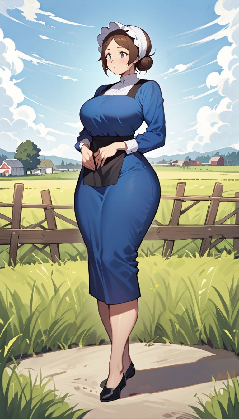 adult amish woman, 40 years old, pale skin, long sleeved blue dress, small black apron over her blue dress, full body shown, very short brown hair in a conservative sleek bun, white bonnet kapp, wide hips, thick thighs, wearing simple black flats, thick legs, slightly below the knee dress, slight face wrinkles, tight sleeves, standing upright in a farm field, no makeup, round face, hands on lap, side view, aged face, busty, hourglass body figure, rosy cheeks