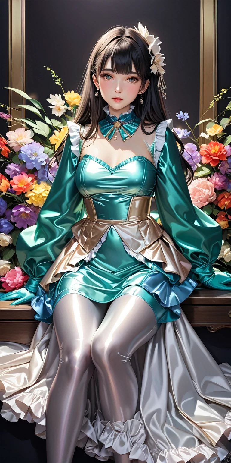 Portraiture、A composition that captures the whole body、(masterpiece,Highest quality,Ultra-high resolution),Japanese women, (((Very beautiful 25 year old girl))),The chest is a little large、She is wearing a long-sleeved dress made of shiny satin with lots of frills, like an idol costume.、(A long-sleeved shirt with a shiny satin collar)、Shiny satin long gloves、Shiny satin tights、((The costume is colorful and made of very shiny satin fabric.))、The background is dark