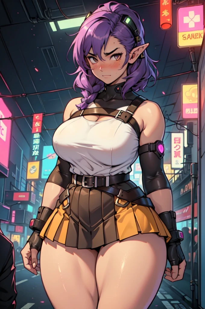girl ((((thick 1girl)))) ((((thick thighs)))) (caramel skin) short purple hair, elf ears, beautiful brown eyes, cute top, pleated skirt, blushing deeply, large breasts, very embarrassed expression, seductive, cyberpunk setting,
