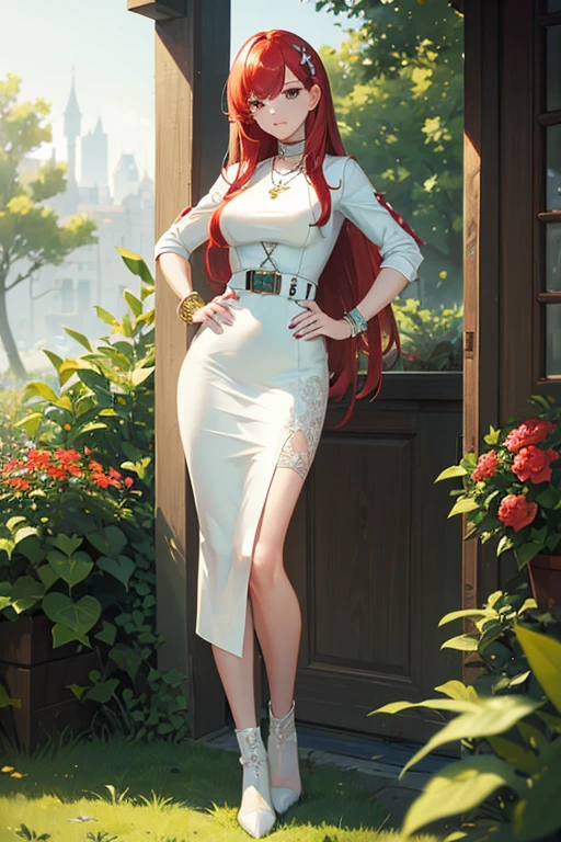 ((masterpiece, best quality, ultra-detailed)), 1girl, beautiful woman, white leather jacket, necklace, bracelet, black midi pencil skirt, boots, full body, red hair, tree, leaves, summer, garden, hand on hip