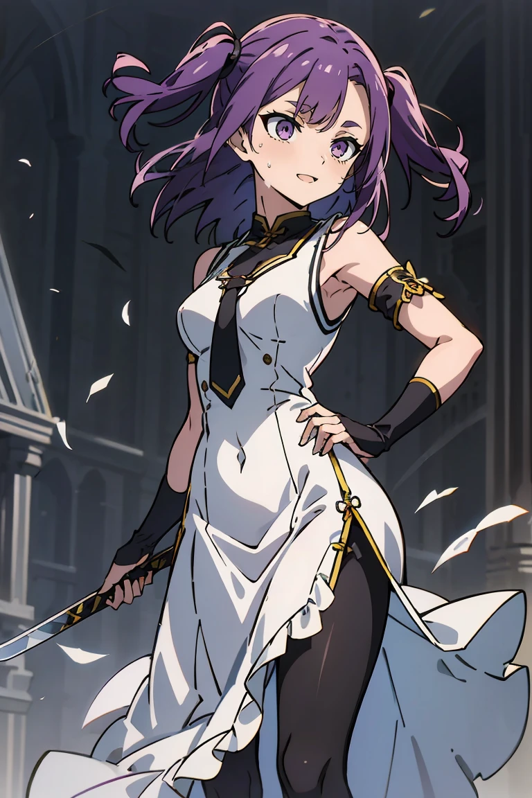 (masterpiece:1.2), (high quality:1.2), reo mikage, blue lock, girls with((1girl, solo, purple hair, (medium hair, right swept bangs, one side up:1.55), bare shoulder, blush, breasts, choker, cleavage, cowboy shot, collar, collarbone, rosary, cross, white clothes, blouse, white dress, sleeveless, collared shirt, necktie, (black sleeves, arm wears, elbow armwarmers, black cheongsam:1.2), cinderella dress, long dress, frilled panniers, (open dress:1.34), leggings, boots, sandals, bare legs, sword, holding a sword, holding, holding a weapon, weapon)), background with((fantasy world, ruin, castle, beautiful sky, shining sky, sunshine:1.35))