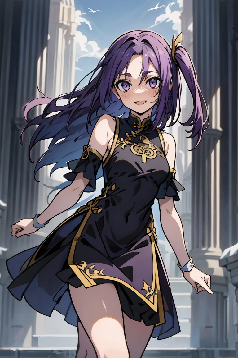 (masterpiece:1.2), (high quality:1.2), reo mikage, blue lock, girls with((1girl, solo, purple hair, (medium hair, right swept bangs, one side up:1.55), bare shoulder, blush, breasts, choker, cleavage, cowboy shot, collar, collarbone, rosary, cross, white clothes, blouse, white dress, sleeveless, collared shirt, necktie, (black sleeves, arm wears, elbow armwarmers, black cheongsam:1.2), cinderella dress, long dress, frilled panniers, (open dress:1.34), leggings, boots, sandals, bare legs, sword, holding a sword, holding, holding a weapon, weapon)), background with((fantasy world, ruin, castle, beautiful sky, shining sky, sunshine:1.35))