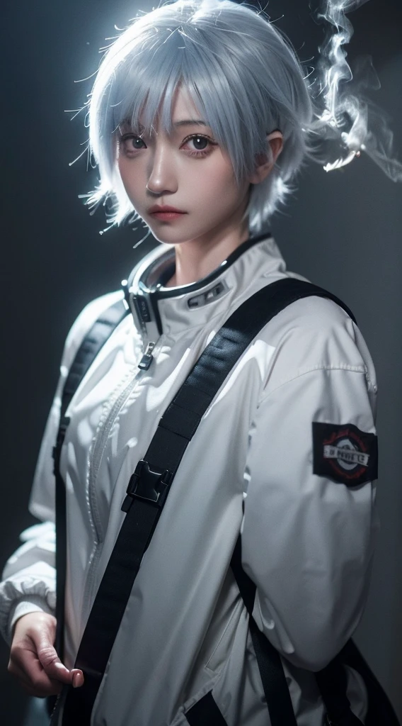 One girl, Helmet, Food, alone, Spacesuit, short_hair, 前hair, Jacket, upper_body, white_hair, bag, Blurred, coat, gray_eye, Blurred_background, Backpack, zipper, Urban Tech Wear, smoking,