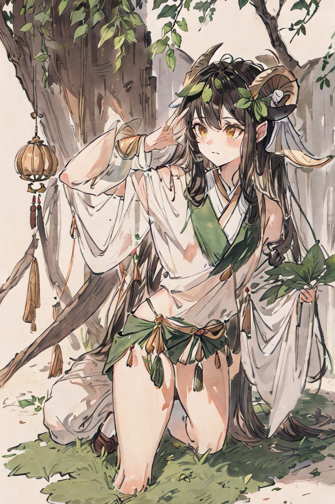 faunesa, goat legs, leaf outfit holding a leaf bow
