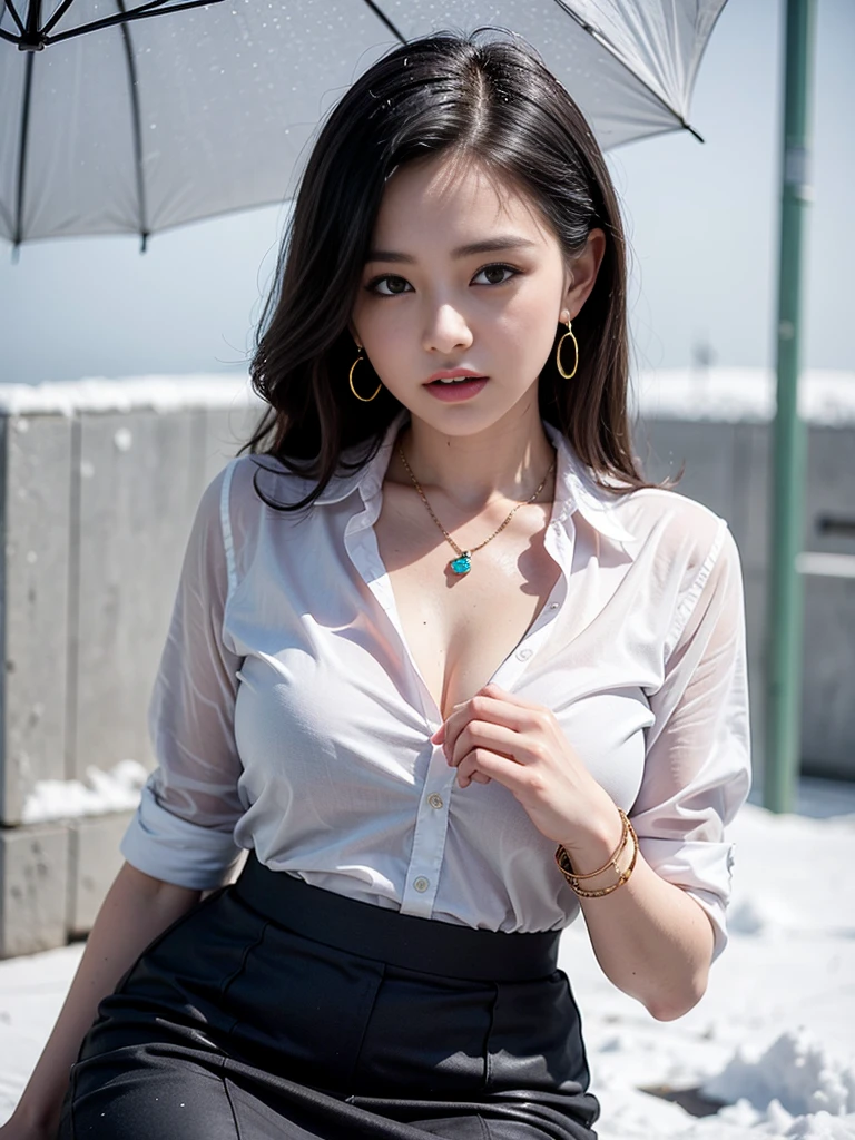 (RAW shooting, Photoreal:1.5, 8K, highest quality, masterpiece, ultra high resolution), ((((heavy snow, Blizzard)))), Highly detailed skin and facial textures:1.3, perfect dynamic composition:1.2, (In front of a church at night in a modern city, expression of sadness:1.0, Tears are flowing:1.0, cry with a broken heart:1.0), Slim office lady wet in the rain:1.3, cowboy shot, Fair skin:1.2, sexy beauty:1.1, perfect style:1.2, beautiful and aesthetic:1.1, very beautiful face:1.2, water droplets on the skin, (rain drips all over my body:1.2, wet body:1.2, wet hair:1.3), (professional dressing:1.1, Holding a bouquet of wet hazel flowers:1.2, Wet tight skirt:1.2, wet office lady uniform:1.3), (Medium chest, bra is see-through, Chest gap), (Eyes that feel beautiful eros:0.8, Too erotic:0.8, Bewitching:0.8), necklace, earrings, bracelet, wedding ring, Highly detailed hand and finger expressions
