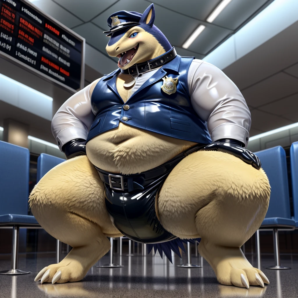 Solo, Male, fat, squatting, extremely obese, gentleman, dapper Typhlosion, pooping in diaper, blue eyes, (soft shading), 4k, hi res, ((detailed face, detailed)), looking at viewer, evil grin, Airport, TSA, TSA Uniform, collared shirt with buttons, hat, male focus, Police Uniform, glasses, monocle, vest with buttons, sleeves rolled up, round eyewear, headwear, vest, Typhlosion is wearing a glossy leather dog collar around the neck, Typhlosion is wearing the leather collar and shirt and vest at the same time, Typhlosion is wearing glossy white rubber gloves on the hands, wearing white rubber gloves on the feet, gloves are rubber in texture, mouth wide open, evil laugh, clenching fists, leather collar is glossy and shiny with a lot of detail, Typhlosion is wearing gloves and leather collar at the same time, leather collar has a round dog-tag, leather collar is thick and detailed, white rubber gloves on the feet, Typhlosion is wearing gloves and leather collar at the same time, leather collar has a round dog-tag, leather collar is thick and detailed, leather collar is glossy and shiny, fancy clothing, dapper vest, dapper shirt, leather collar is thick, glossy leather collar, Typhlosion is wearing a dirty diaper