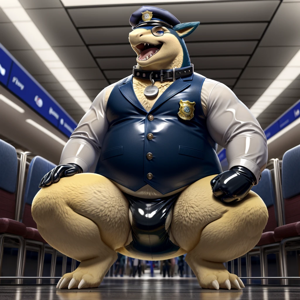 Solo, Male, fat, squatting, extremely obese, gentleman, dapper Typhlosion, pooping in diaper, blue eyes, (soft shading), 4k, hi res, ((detailed face, detailed)), looking at viewer, evil grin, Airport, TSA, TSA Uniform, collared shirt with buttons, hat, male focus, Police Uniform, glasses, monocle, vest with buttons, sleeves rolled up, round eyewear, headwear, vest, Typhlosion is wearing a glossy leather dog collar around the neck, Typhlosion is wearing the leather collar and shirt and vest at the same time, Typhlosion is wearing glossy white rubber gloves on the hands, wearing white rubber gloves on the feet, gloves are rubber in texture, mouth wide open, evil laugh, clenching fists, leather collar is glossy and shiny with a lot of detail, Typhlosion is wearing gloves and leather collar at the same time, leather collar has a round dog-tag, leather collar is thick and detailed, white rubber gloves on the feet, Typhlosion is wearing gloves and leather collar at the same time, leather collar has a round dog-tag, leather collar is thick and detailed, leather collar is glossy and shiny, fancy clothing, dapper vest, dapper shirt, leather collar is thick, glossy leather collar, Typhlosion is wearing a dirty diaper