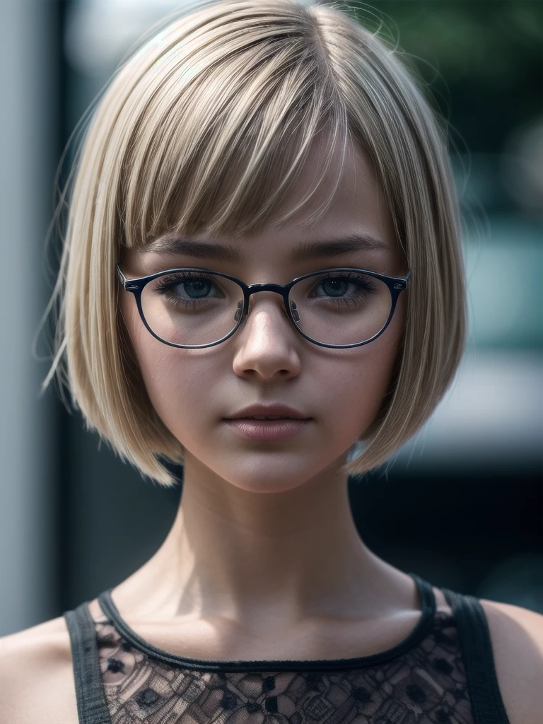 1girl, solo, blonde, bobcut, cute, bright pupils, glasses, cropped top, RAW photo, (high detailed skin:1.2), 8k UHD, DSLR, soft lighting, high quality, film grain, Fujifilm XT3, RAW candid cinema, 16mm, color graded portra 400 film, remarkable color, ultra realistic, remarkable detailed pupils, shot with cinematic camera