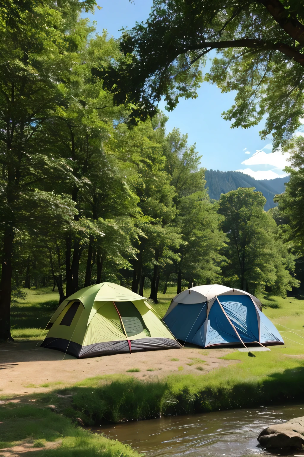 early summer,Daytime,camp site,River side,Rich in nature,Highest quality, 8k, High resolution, masterpiece:1.2, Very detailed, Realistic:1.37, High resolution, 超High resolution, Very detailed, Professional, Vibrant colors