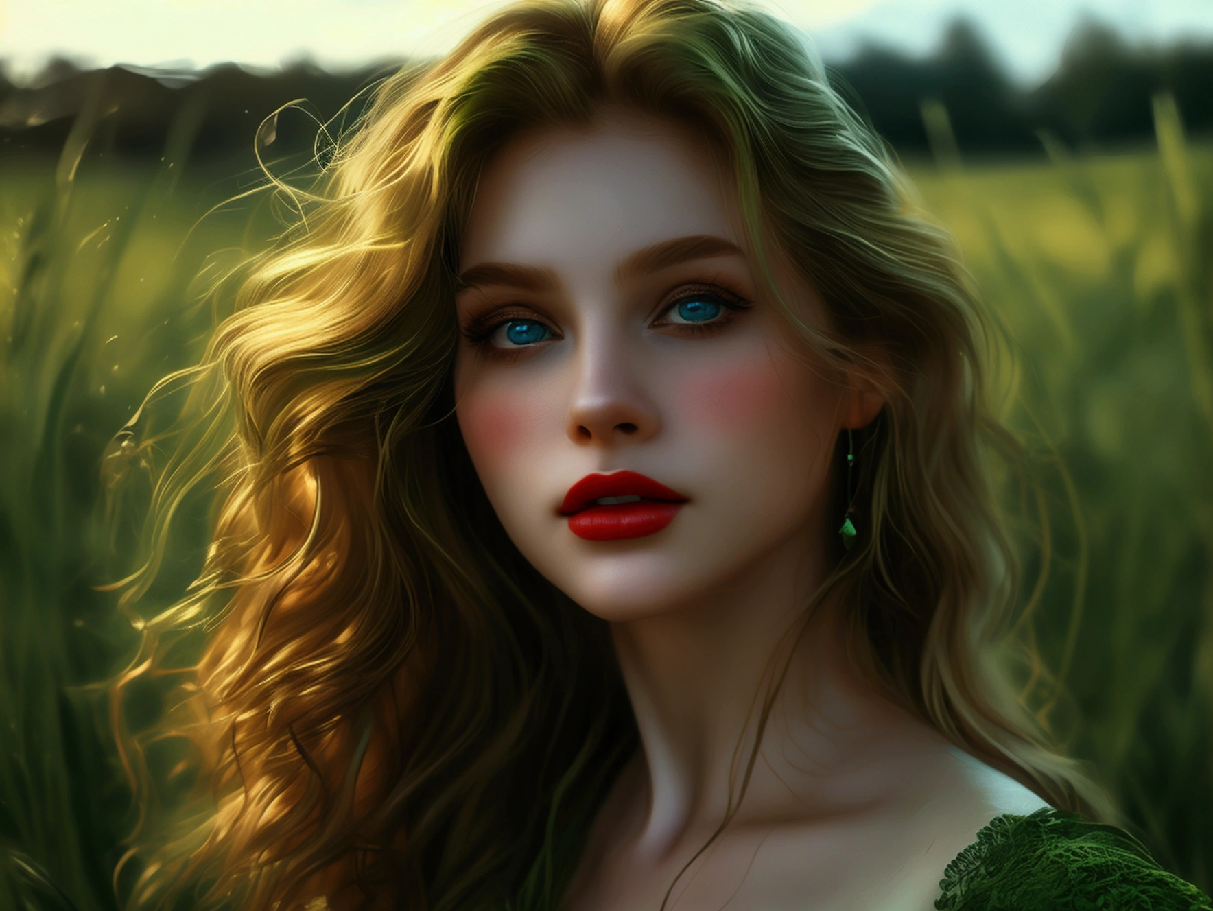 (((ultra realistic))) Photo, masterpiece, top quality, (pale skin), (Ultra detailed face and eyes:1.3), 1 girl, Adult, Retro style, beautiful female model, glamorous body, plump body, long haired person, Wavy Hair, blonde, smooth skin, blue eyes, enchanting smile, dark makeup, red lips, (cheerfull:1.2), (longing girl in green field:1.1), tender gaze, sad but beautiful expression, (((natural landscape))), photorealistic, highly detailed, dramatic lighting, vibrant colors, serene, emotional, (wide camera shot)