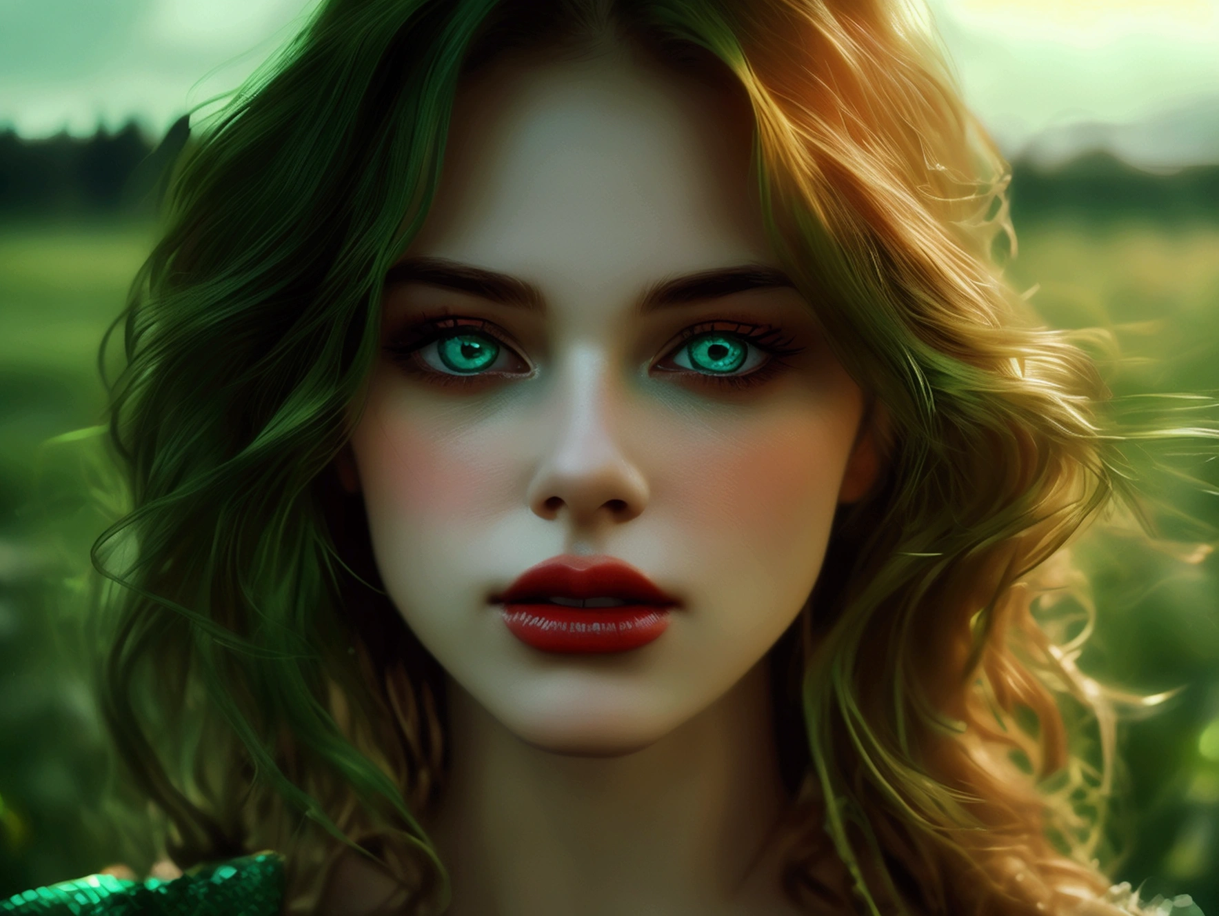 (((ultra realistic))) Photo, masterpiece, top quality, (pale skin), (Ultra detailed face and eyes:1.3), 1 girl, Adult, Retro style, beautiful female model, glamorous body, plump body, long haired person, Wavy Hair, blonde, smooth skin, blue eyes, enchanting smile, dark makeup, red lips, (cheerfull:1.2), (longing girl in green field:1.1), tender gaze, sad but beautiful expression, (((natural landscape))), photorealistic, highly detailed, dramatic lighting, vibrant colors, serene, emotional, (wide camera shot)