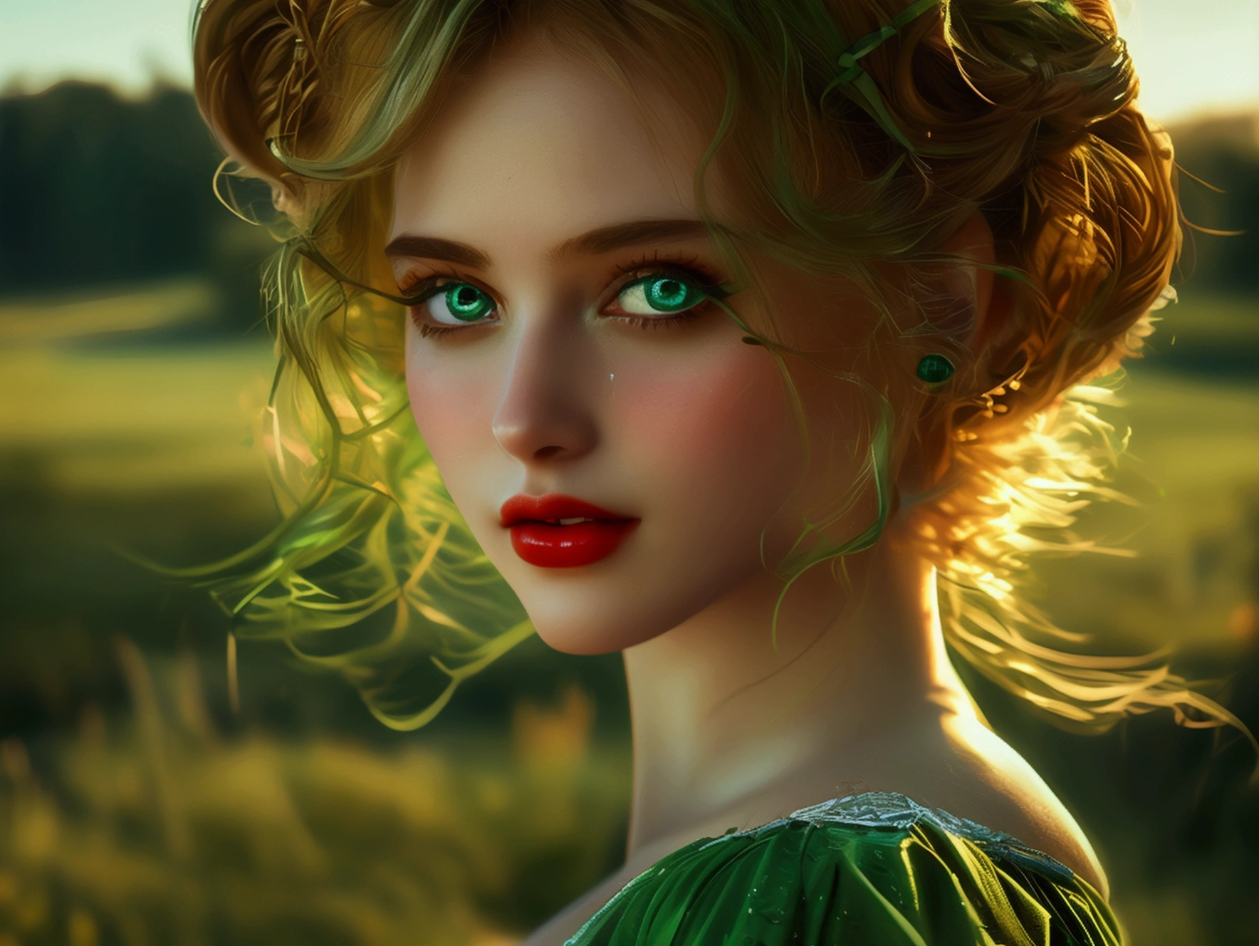 (((ultra realistic))) Photo, masterpiece, top quality, (pale skin), (Ultra detailed face and eyes:1.3), 1 girl, Adult, Retro style, beautiful female model, glamorous body, plump body, long haired person, Wavy Hair, blonde, smooth skin, blue eyes, enchanting smile, dark makeup, red lips, (cheerfull:1.2), (longing girl in green field:1.1), tender gaze, sad but beautiful expression, (((natural landscape))), photorealistic, highly detailed, dramatic lighting, vibrant colors, serene, emotional, (wide camera shot)