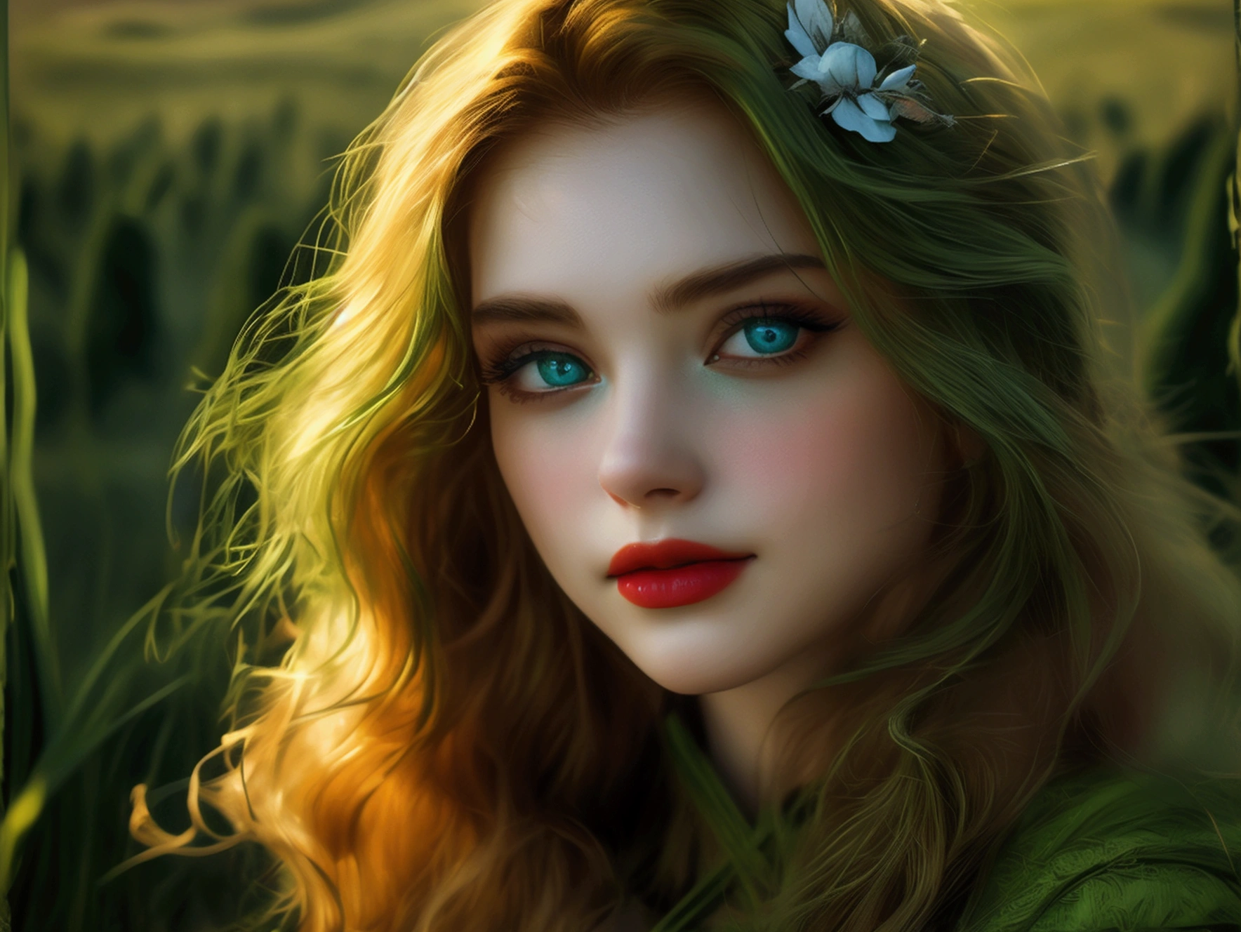 (((ultra realistic))) Photo, masterpiece, top quality, (pale skin), (Ultra detailed face and eyes:1.3), 1 girl, Adult, Retro style, beautiful female model, glamorous body, plump body, long haired person, Wavy Hair, blonde, smooth skin, blue eyes, enchanting smile, dark makeup, red lips, (cheerfull:1.2), (longing girl in green field:1.1), tender gaze, sad but beautiful expression, (((natural landscape))), photorealistic, highly detailed, dramatic lighting, vibrant colors, serene, emotional, (wide camera shot)
