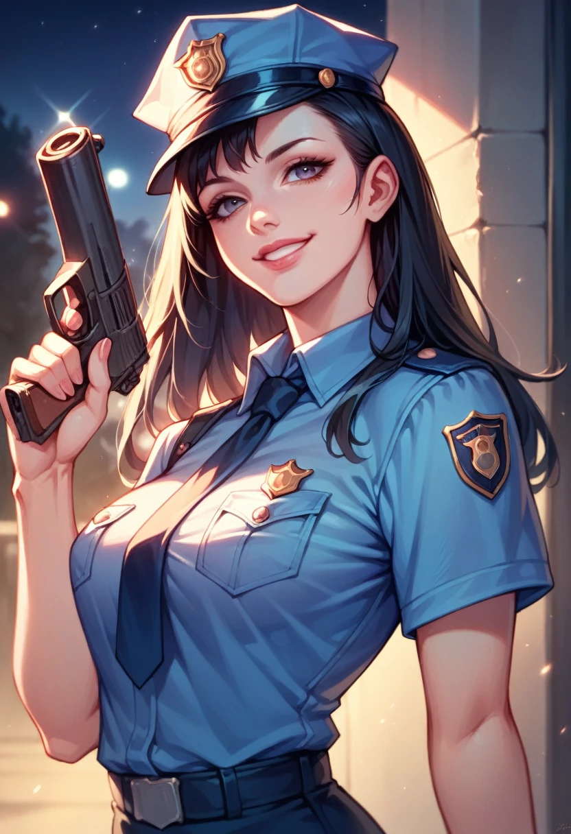 Woman, beautiful, black hair, sexy police officer in uniform, black color, night, soft light, facial details, from front, with gun, smiling, light pink lips, --Realistic Style-Imagination-