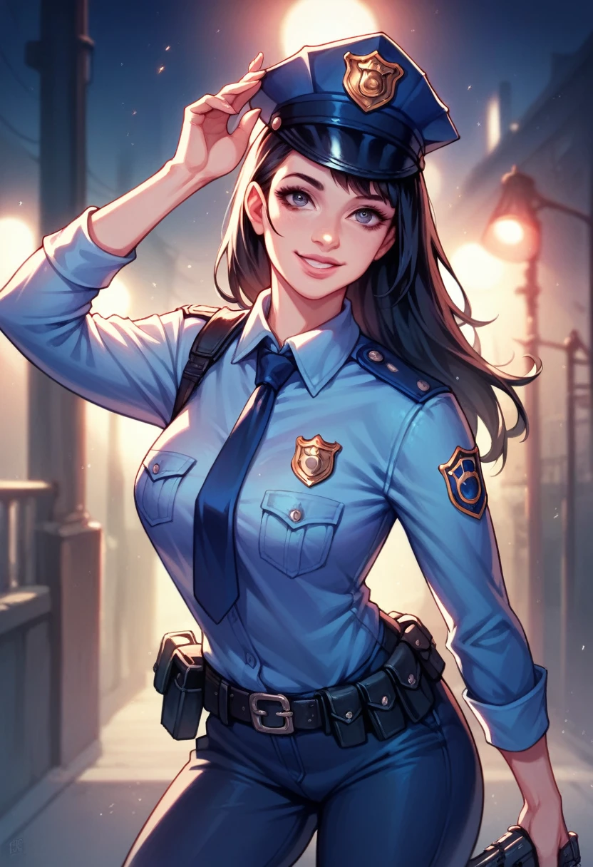 Woman, beautiful, black hair, sexy police officer in uniform, black color, night, soft light, facial details, from front, with gun, smiling, light pink lips, --Realistic Style-Imagination-