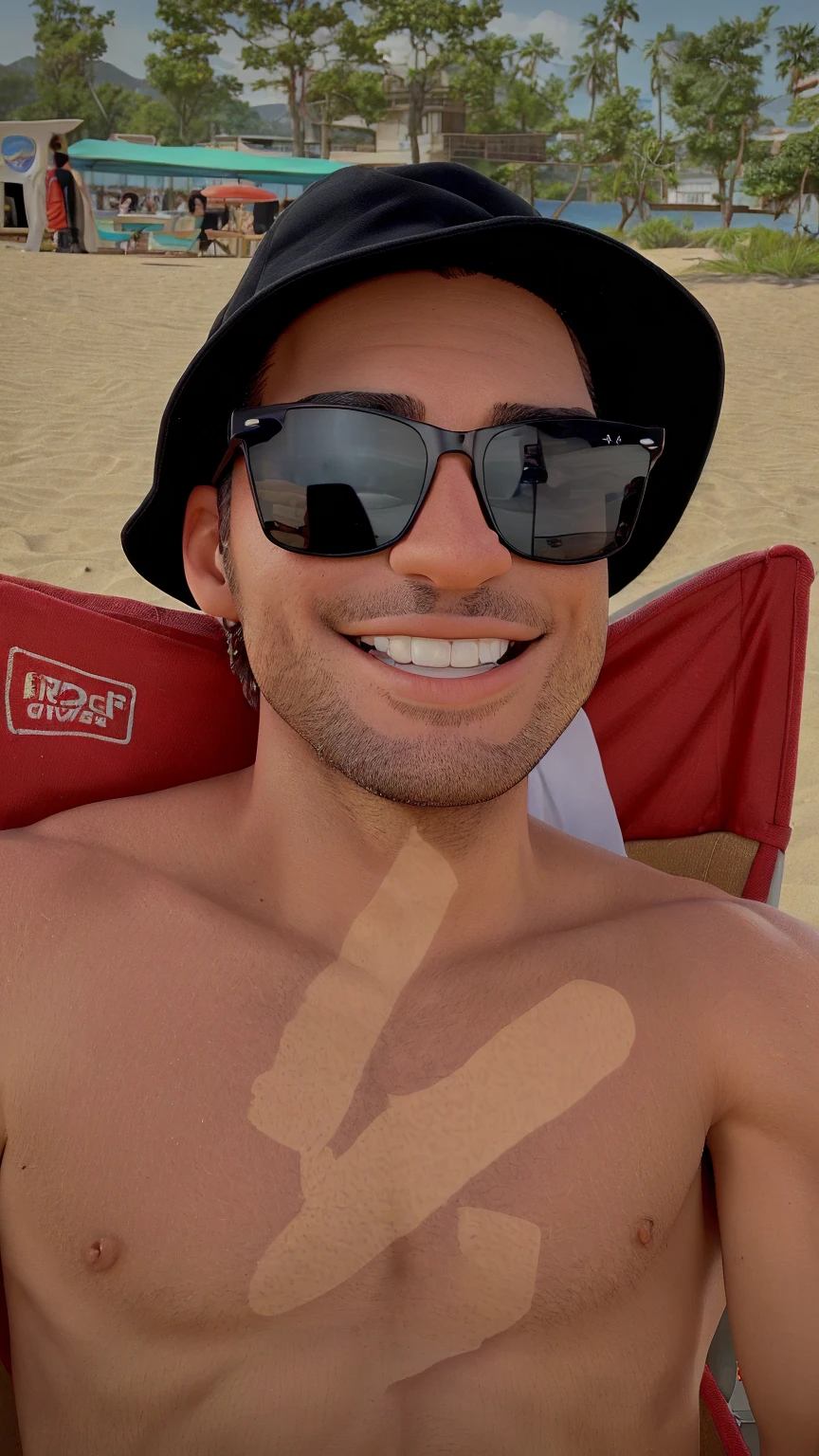 28 year old man, tanned skin, captivating smile, wearing sunglasses and a black Jordan brand skater hat, shirtless showing chest muscles, sitting on a red cloth chair on the sand