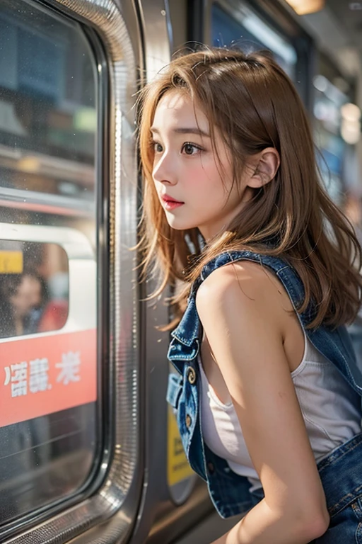 ((Highest quality)), ((masterpiece)), (detailed), ((Highest quality))、RAW、4K、High resolution、Perfect Face, Japanese、28 years old、female、light light brown hair、Black Tank Top、Wearing jeans、profile、Riding a crowded train、Looking out the window、