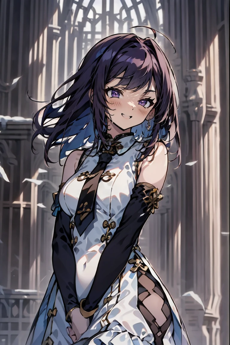 (masterpiece:1.2), (high quality:1.2), reo mikage, blue lock, girls with((1girl, solo, purple hair, (medium hair, right swept bangs, one side up:1.55), bare shoulder, blush, breasts, choker, cleavage, cowboy shot, collar, collarbone, rosary, cross, white clothes, blouse, white dress, sleeveless, collared shirt, necktie, (black sleeves, arm wears, elbow armwarmers, black cheongsam:1.2), cinderella dress, long dress, frilled panniers, (open dress:1.34), leggings, boots, sandals, bare legs, sword, holding a sword, holding, holding a weapon, weapon)), background with((fantasy world, ruin, castle, beautiful sky, shining sky, sunshine:1.35))