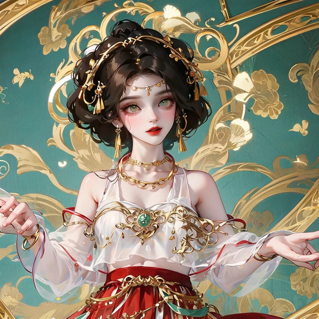 A gypsy with green eyes and black hair, White top with gold medal and red skirt with ruffles, Shell necklace.