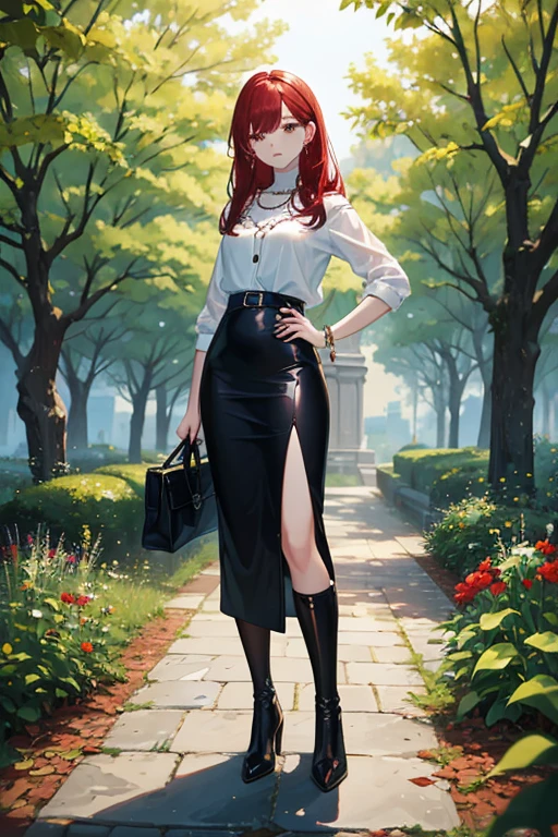((masterpiece, best quality)), 1girl, beautiful woman, white blouse, necklace, bracelet, black midi pencil skirt, black boots, full body, red hair, tree, leaves, summer, garden, hand on hip