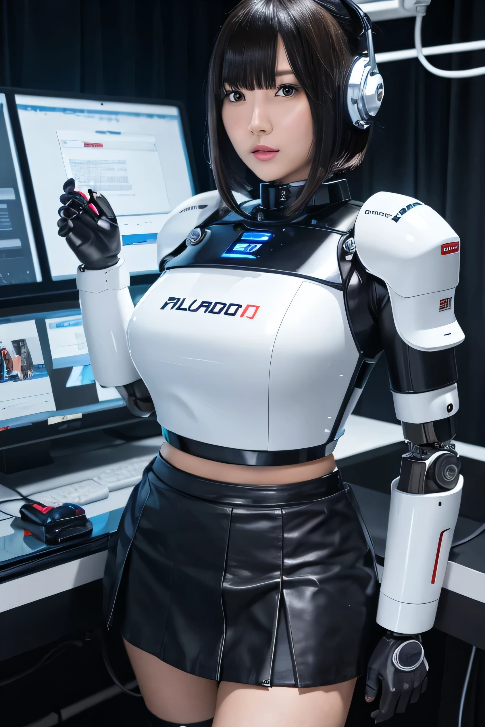 masterpiece, best quality, extremely detailed, Japaese android girl,Plump , control panels,android,Droid,Mechanical Hand, Robot arms and legs,Blunt bangs,perfect robot girl,long tube,thick cable connected her neck,android,robot,humanoid,cyborg,japanese cyborg girl ,future laboratory,robot laboratory,maintenance,connecting a cable between the legs,skirt, She is charging now,