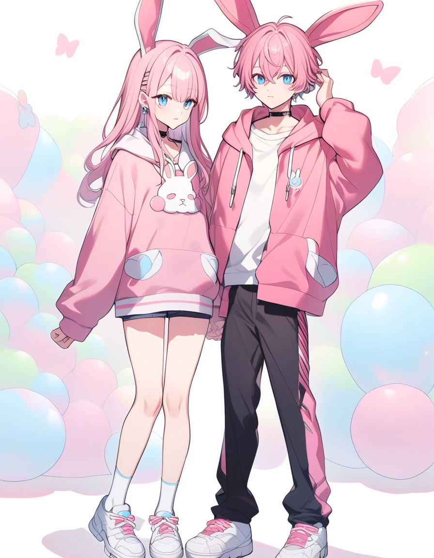 pink hair, boy, teen, rabbit ears, pink hoodie, blue eyes, choker, white shoes