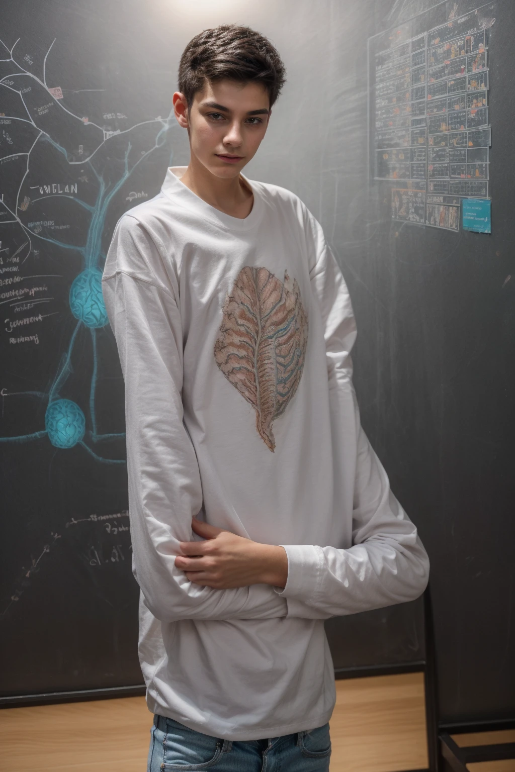 A cute twink male young man with black hair and a face with makeup. He is wearing a white long-sleeved shirt and aquamarine jeans. He is in his office, and behind him is a blackboard with the shape of the brain, its anatomy, and details of nerve cells written on it, and he looks proudly.