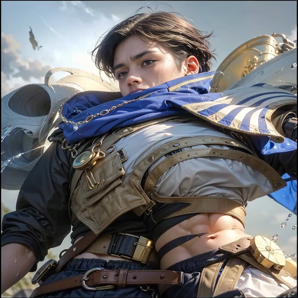 (max resolution: 1.2), (Ultra HDTV: 1.2), 8K resolution, Eye and skin details, face details, , (Sharp focus: 1, 2), (Precise focuacial expressions: 1,2), 1 boy, Various poses, Red face,I have green eyes, (shy), 20-25 years old, (Short Hair Milky blue hair), (Naked), Shirtless, Perfect muscles, 8 packs , (light sweat, white fluid, splashing all over the body), (Black brieflue sky, Trees, Implants, ((Little drops of water on 8-pack abs)), (((water, water ))), splashed all over my face, splashed all over my abs, splashed all over my body, my face turned red with embarrassment. ((There a faint word Ngyune in the corner of the photo)),Blue sky, white clouds, light sunshine, beach background, (with hair), showing off hair, Wearing underwear, straight (detail), ((super detail photo )))), leaking, Object standing straight and erect, white fluid splashing all over the body, body drenched in white, erect (large erect ), details, head details and shaft details,Handsome face,The under the military (black striped) erect,The leaking,( details) details of the head and body of the, under pants erect, erect,( details), details, Brown shorts, bold print in the middle of the shorts,Everything is perfect
