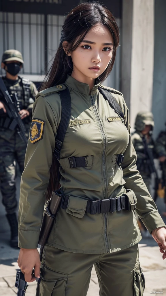 (Ultra quality:1.2), (Ultra detailed:1.2), (Ultra detailed clothes:1.2), (Ultra detailed face:1.2), (Ultra detailed eyes:1.2), (Ultra detailed body:1.2), (Ultra detailed weapons:1.2), soldier women, background war world, indonesian soldiers