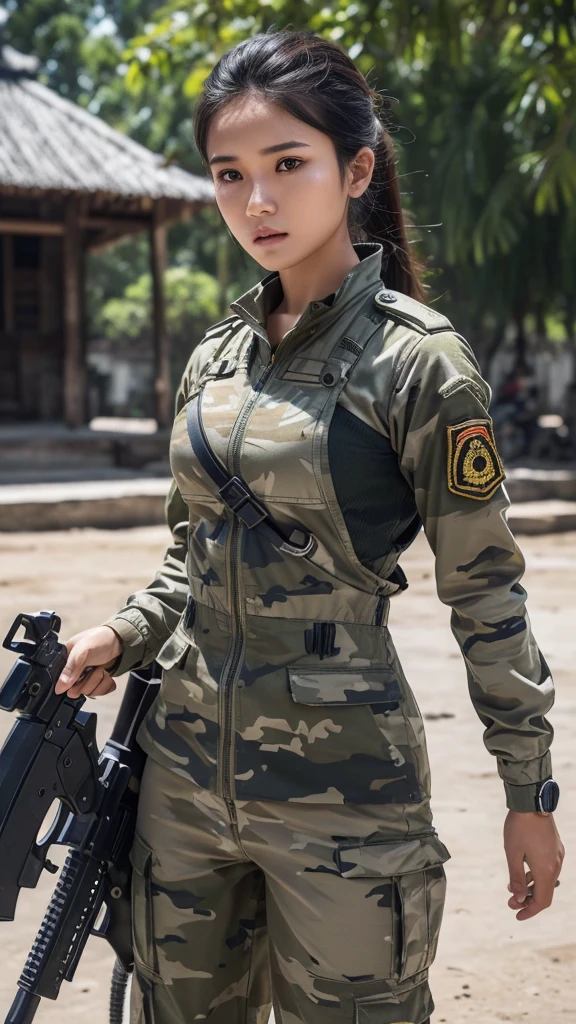 (Ultra quality:1.2), (Ultra detailed:1.2), (Ultra detailed clothes:1.2), (Ultra detailed face:1.2), (Ultra detailed eyes:1.2), (Ultra detailed body:1.2), (Ultra detailed weapons:1.2), soldier women, background war world, indonesian soldiers