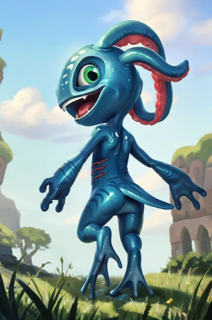 (((masterpiece, best quality))), digital painting, 8k, stunningly beautiful, highly detailed, depth of field, complex background, BREAK fizz_lol, (amphibian:0.5), solo, full body, tentacle_hair, open mouth, gills, (webbed feet:1.2), flat feet, white soles, webbed fingers BREAK smooth skin, standing up, grass, meadow  , back view, rear view, view from behind,